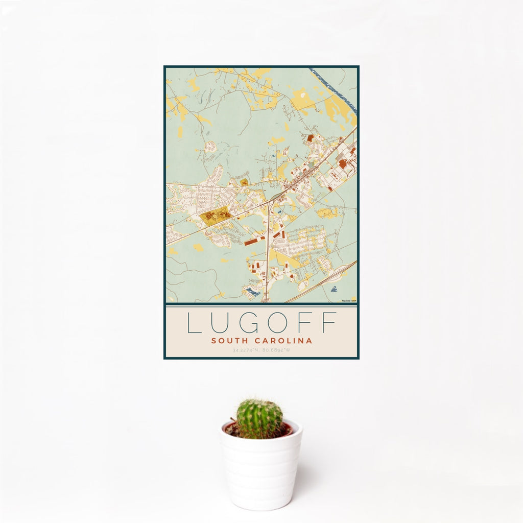 12x18 Lugoff South Carolina Map Print Portrait Orientation in Woodblock Style With Small Cactus Plant in White Planter