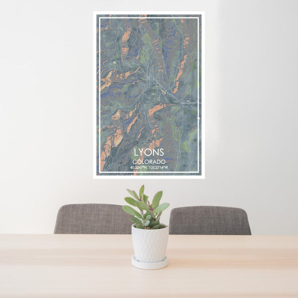 24x36 Lyons Colorado Map Print Portrait Orientation in Afternoon Style Behind 2 Chairs Table and Potted Plant
