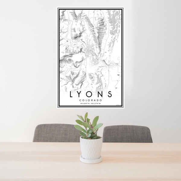 24x36 Lyons Colorado Map Print Portrait Orientation in Classic Style Behind 2 Chairs Table and Potted Plant