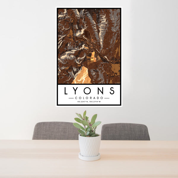 24x36 Lyons Colorado Map Print Portrait Orientation in Ember Style Behind 2 Chairs Table and Potted Plant