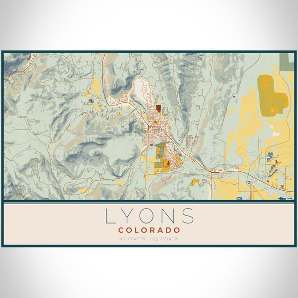 Lyons Colorado Map Print Landscape Orientation in Woodblock Style With Shaded Background