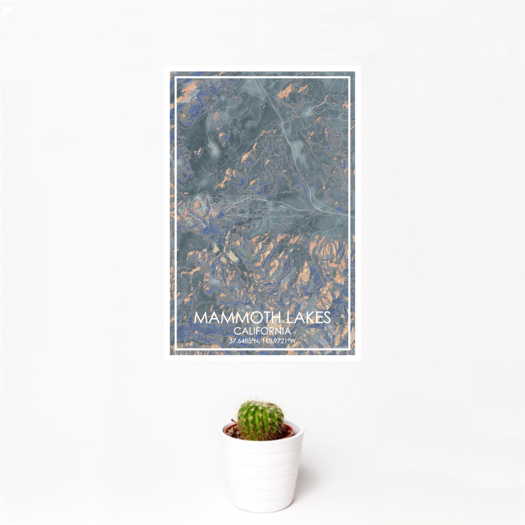 12x18 Mammoth Lakes California Map Print Portrait Orientation in Afternoon Style With Small Cactus Plant in White Planter