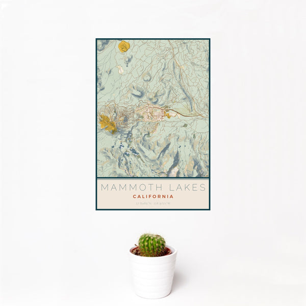 12x18 Mammoth Lakes California Map Print Portrait Orientation in Woodblock Style With Small Cactus Plant in White Planter