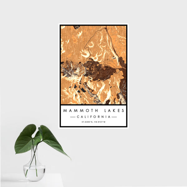 16x24 Mammoth Lakes California Map Print Portrait Orientation in Ember Style With Tropical Plant Leaves in Water