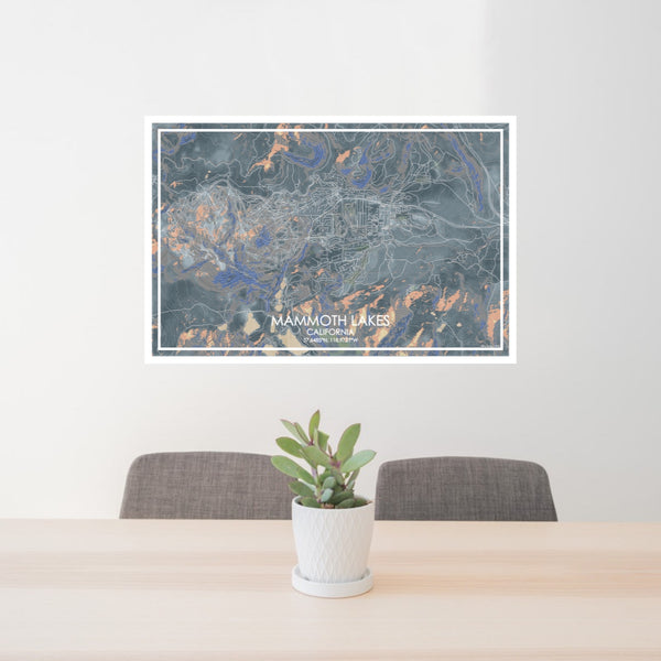24x36 Mammoth Lakes California Map Print Lanscape Orientation in Afternoon Style Behind 2 Chairs Table and Potted Plant