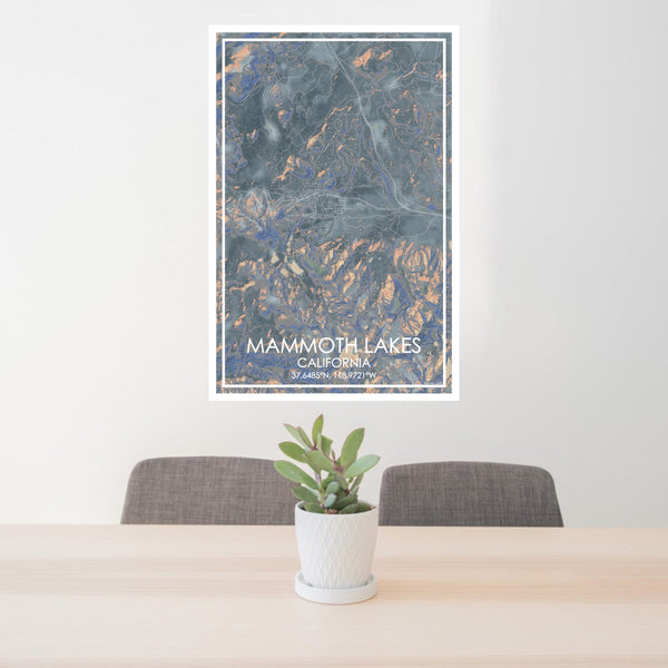 24x36 Mammoth Lakes California Map Print Portrait Orientation in Afternoon Style Behind 2 Chairs Table and Potted Plant