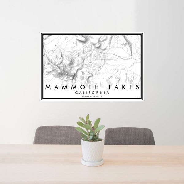 24x36 Mammoth Lakes California Map Print Lanscape Orientation in Classic Style Behind 2 Chairs Table and Potted Plant