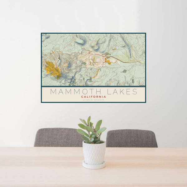 24x36 Mammoth Lakes California Map Print Lanscape Orientation in Woodblock Style Behind 2 Chairs Table and Potted Plant