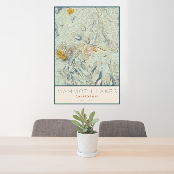 24x36 Mammoth Lakes California Map Print Portrait Orientation in Woodblock Style Behind 2 Chairs Table and Potted Plant