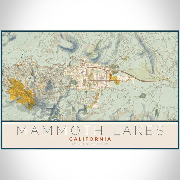 Mammoth Lakes California Map Print Landscape Orientation in Woodblock Style With Shaded Background