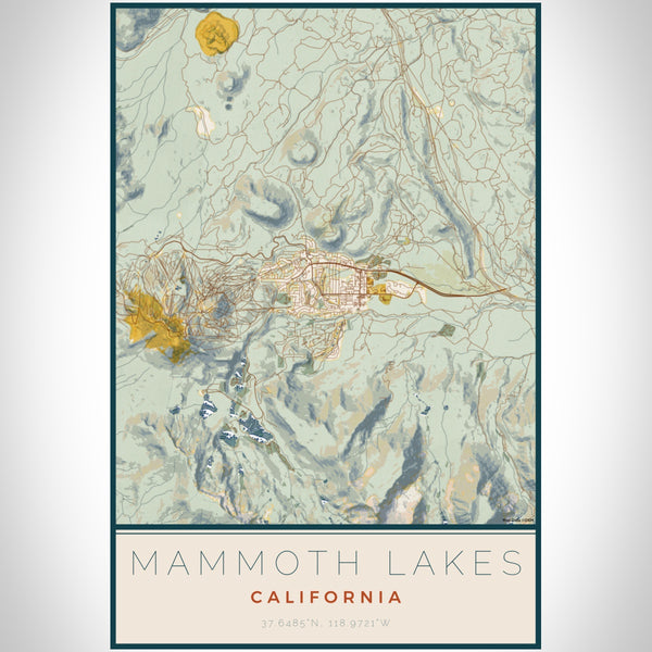 Mammoth Lakes California Map Print Portrait Orientation in Woodblock Style With Shaded Background