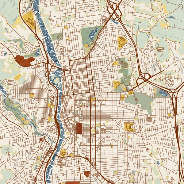 Manchester - New Hampshire Map Print in Woodblock