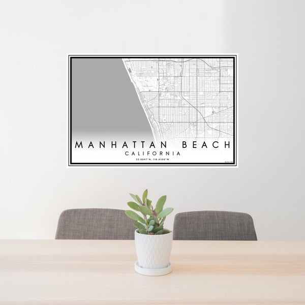 24x36 Manhattan Beach California Map Print Lanscape Orientation in Classic Style Behind 2 Chairs Table and Potted Plant