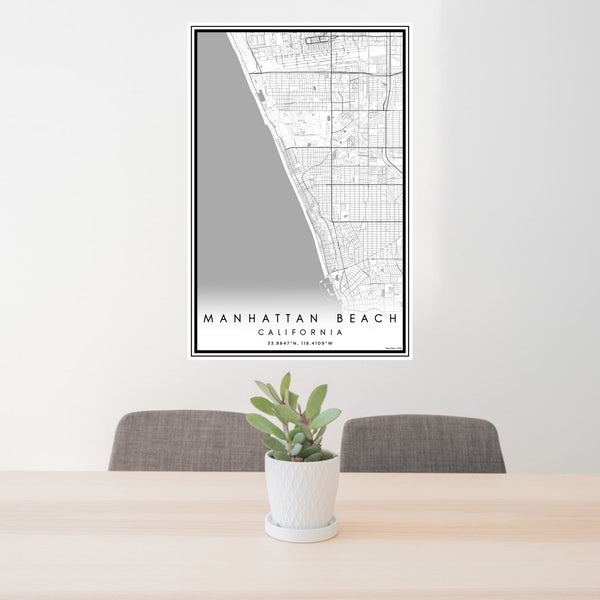 24x36 Manhattan Beach California Map Print Portrait Orientation in Classic Style Behind 2 Chairs Table and Potted Plant