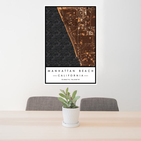 24x36 Manhattan Beach California Map Print Portrait Orientation in Ember Style Behind 2 Chairs Table and Potted Plant