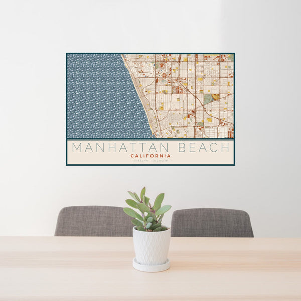 24x36 Manhattan Beach California Map Print Lanscape Orientation in Woodblock Style Behind 2 Chairs Table and Potted Plant