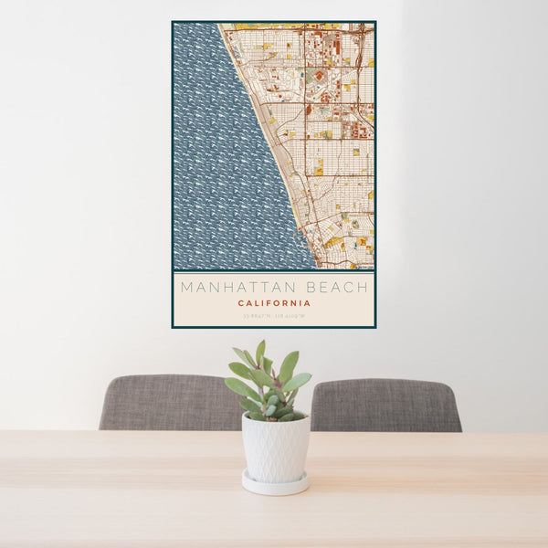 24x36 Manhattan Beach California Map Print Portrait Orientation in Woodblock Style Behind 2 Chairs Table and Potted Plant