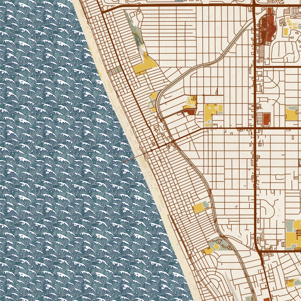 Manhattan Beach California Map Print in Woodblock Style Zoomed In Close Up Showing Details