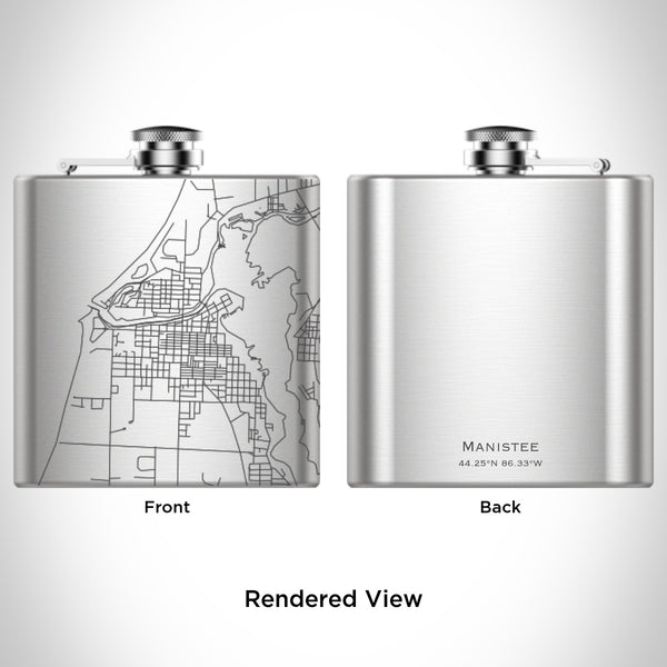 Rendered View of Manistee Michigan Map Engraving on 6oz Stainless Steel Flask