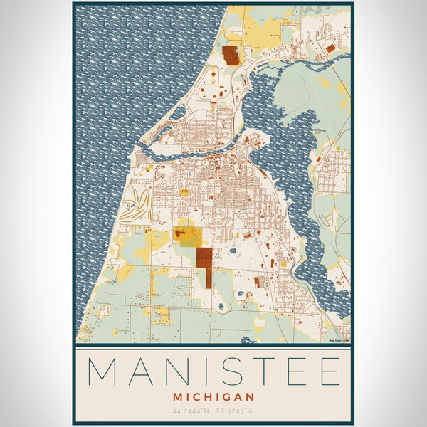 Manistee Michigan Map Print Portrait Orientation in Woodblock Style With Shaded Background