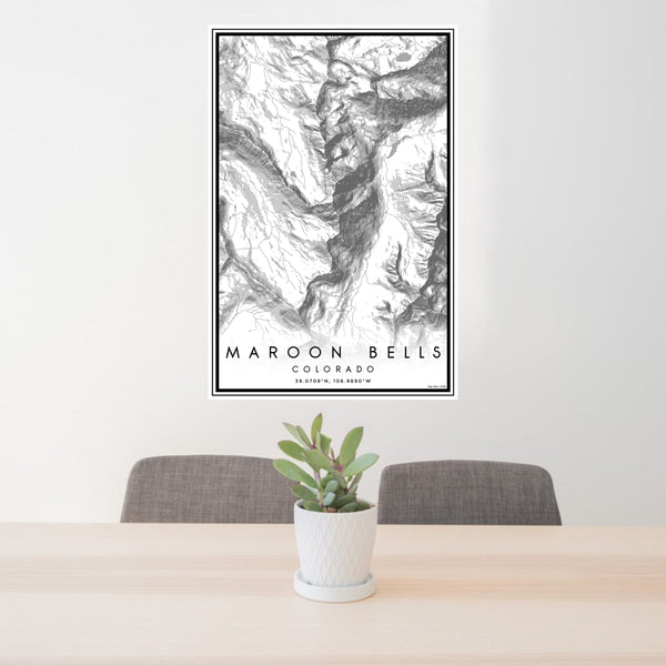 24x36 Maroon Bells Colorado Map Print Portrait Orientation in Classic Style Behind 2 Chairs Table and Potted Plant