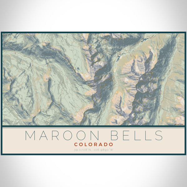 Maroon Bells Colorado Map Print Landscape Orientation in Woodblock Style With Shaded Background