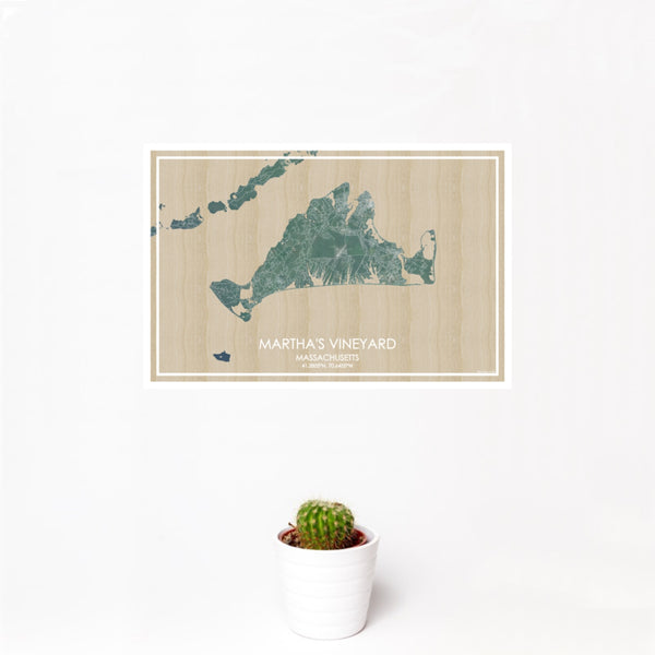 12x18 Martha's Vineyard Massachusetts Map Print Landscape Orientation in Afternoon Style With Small Cactus Plant in White Planter