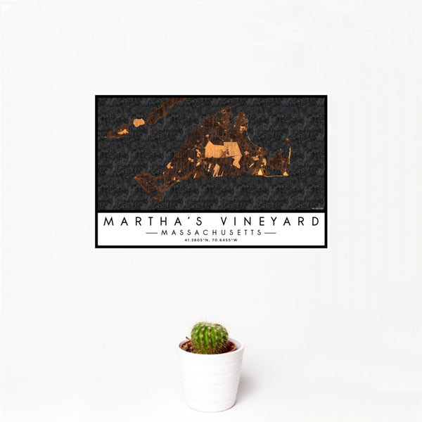 12x18 Martha's Vineyard Massachusetts Map Print Landscape Orientation in Ember Style With Small Cactus Plant in White Planter