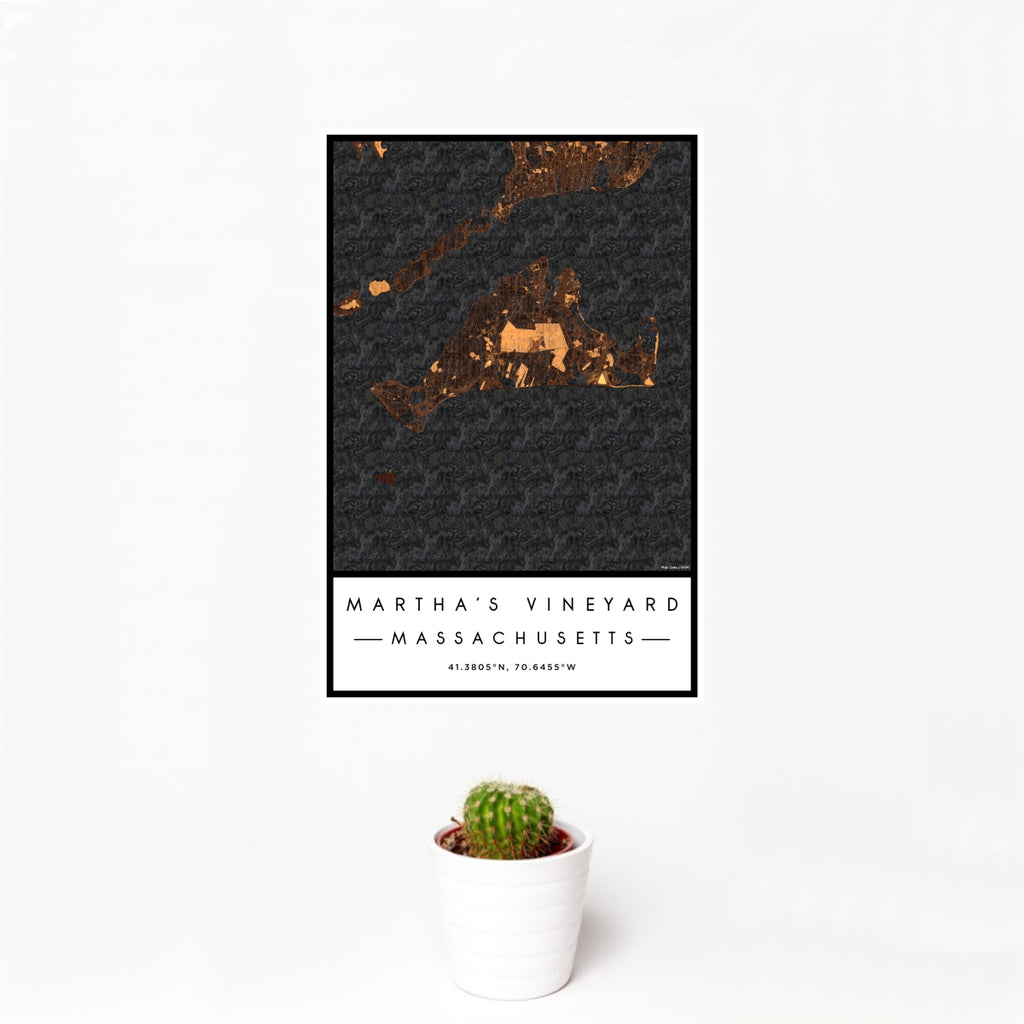 12x18 Martha's Vineyard Massachusetts Map Print Portrait Orientation in Ember Style With Small Cactus Plant in White Planter