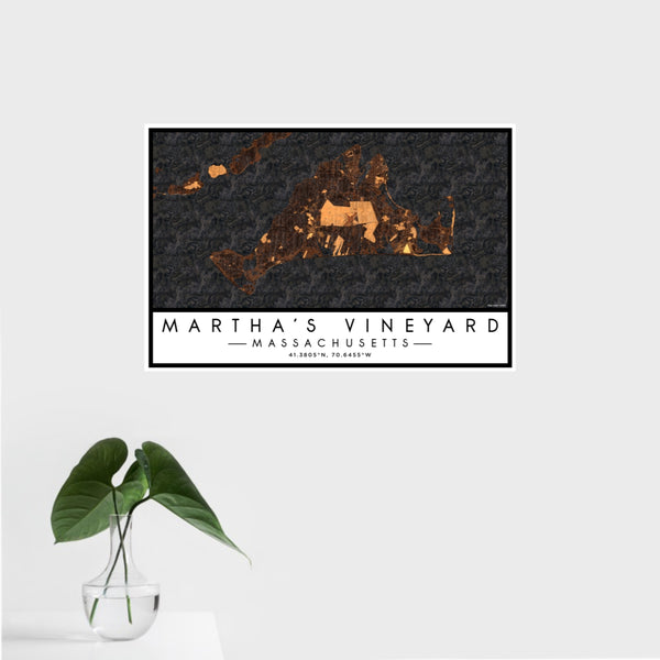16x24 Martha's Vineyard Massachusetts Map Print Landscape Orientation in Ember Style With Tropical Plant Leaves in Water