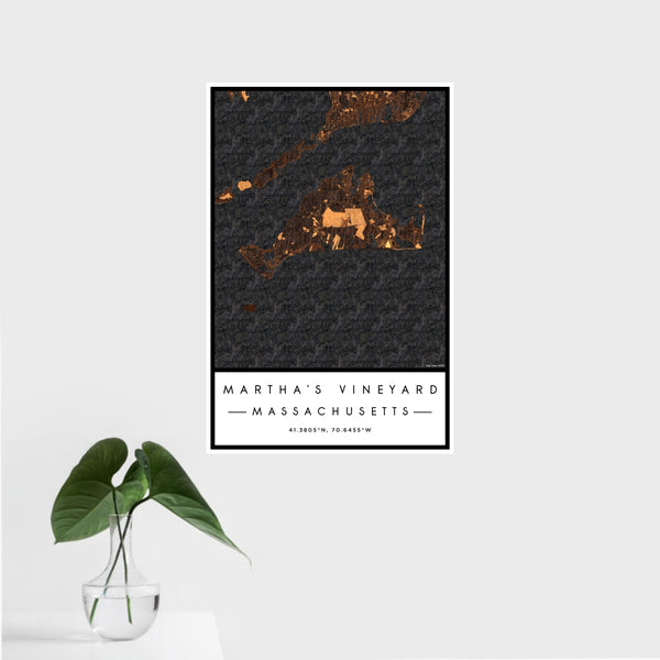 16x24 Martha's Vineyard Massachusetts Map Print Portrait Orientation in Ember Style With Tropical Plant Leaves in Water