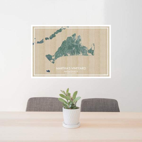 24x36 Martha's Vineyard Massachusetts Map Print Lanscape Orientation in Afternoon Style Behind 2 Chairs Table and Potted Plant