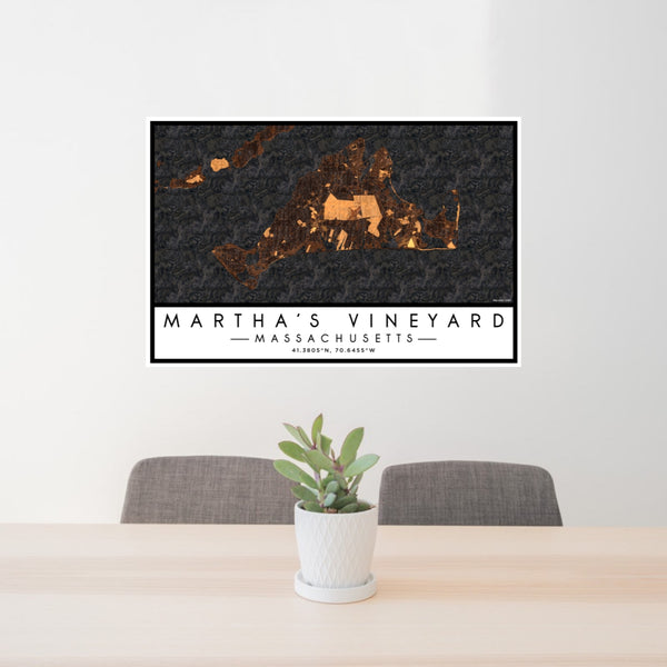 24x36 Martha's Vineyard Massachusetts Map Print Lanscape Orientation in Ember Style Behind 2 Chairs Table and Potted Plant