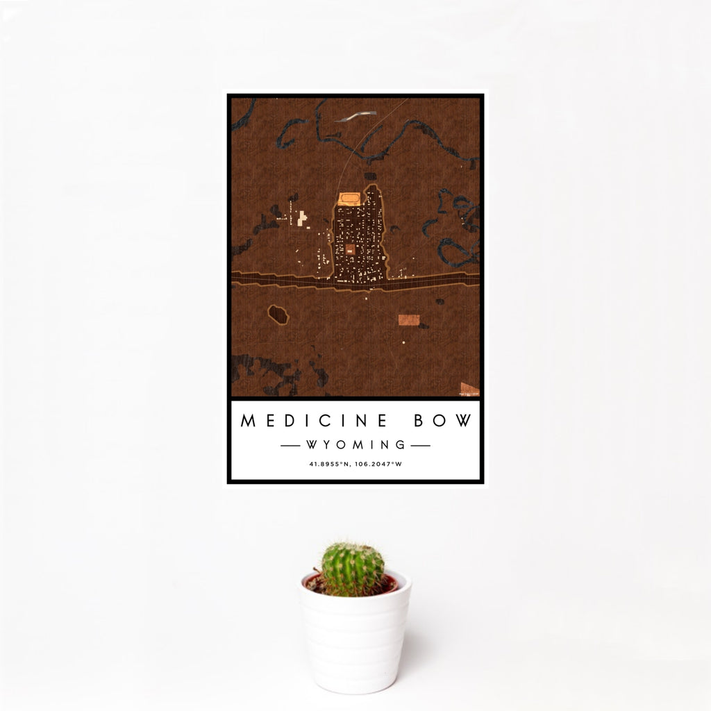 12x18 Medicine Bow Wyoming Map Print Portrait Orientation in Ember Style With Small Cactus Plant in White Planter