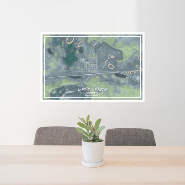 24x36 Medicine Bow Wyoming Map Print Lanscape Orientation in Afternoon Style Behind 2 Chairs Table and Potted Plant