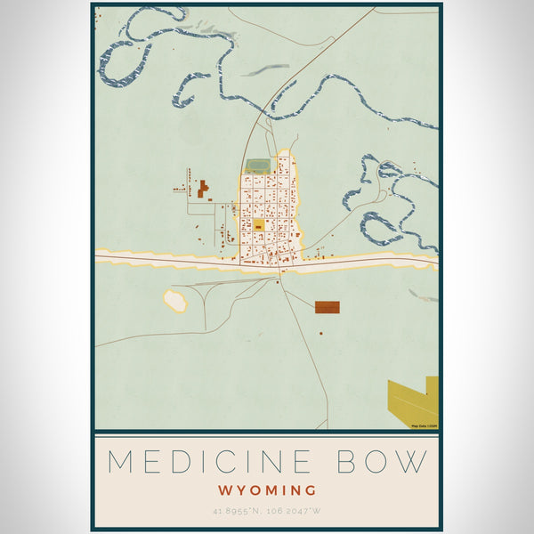 Medicine Bow Wyoming Map Print Portrait Orientation in Woodblock Style With Shaded Background