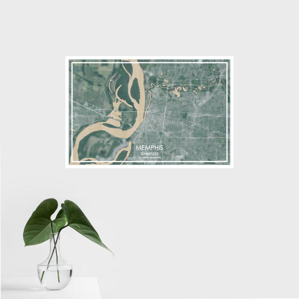 16x24 Memphis Tennessee Map Print Landscape Orientation in Afternoon Style With Tropical Plant Leaves in Water