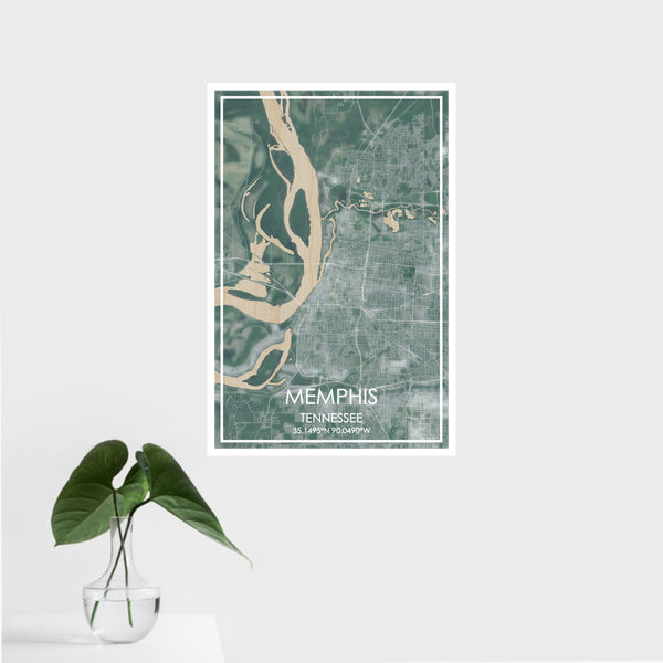 16x24 Memphis Tennessee Map Print Portrait Orientation in Afternoon Style With Tropical Plant Leaves in Water