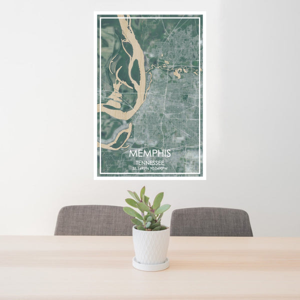 24x36 Memphis Tennessee Map Print Portrait Orientation in Afternoon Style Behind 2 Chairs Table and Potted Plant