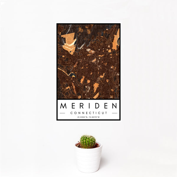 12x18 Meriden Connecticut Map Print Portrait Orientation in Ember Style With Small Cactus Plant in White Planter