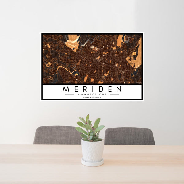 24x36 Meriden Connecticut Map Print Landscape Orientation in Ember Style Behind 2 Chairs Table and Potted Plant