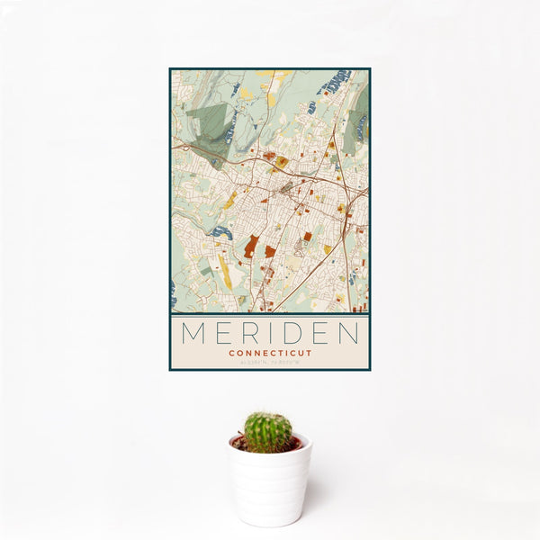 12x18 Meriden Connecticut Map Print Portrait Orientation in Woodblock Style With Small Cactus Plant in White Planter