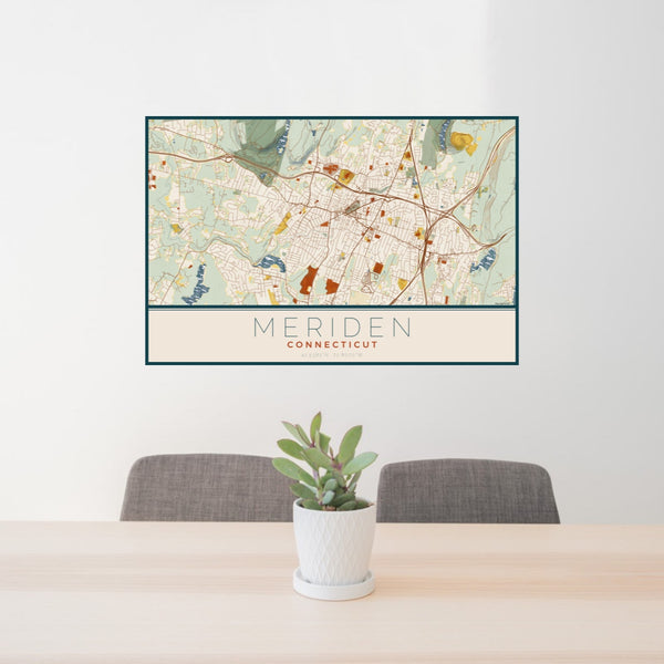 24x36 Meriden Connecticut Map Print Landscape Orientation in Woodblock Style Behind 2 Chairs Table and Potted Plant