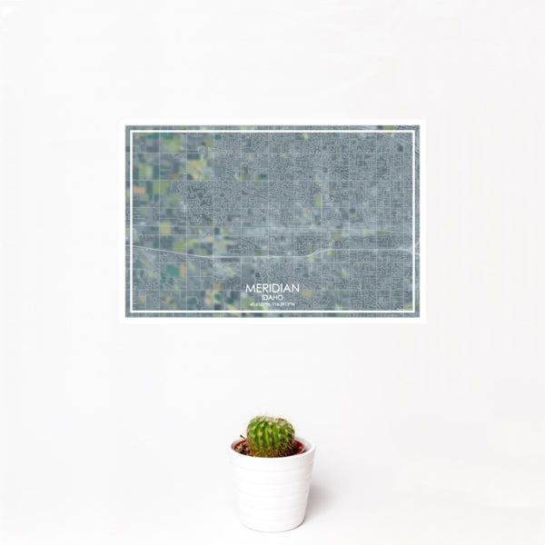 12x18 Meridian Idaho Map Print Landscape Orientation in Afternoon Style With Small Cactus Plant in White Planter