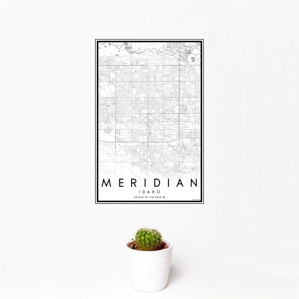 12x18 Meridian Idaho Map Print Portrait Orientation in Classic Style With Small Cactus Plant in White Planter