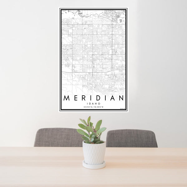 24x36 Meridian Idaho Map Print Portrait Orientation in Classic Style Behind 2 Chairs Table and Potted Plant