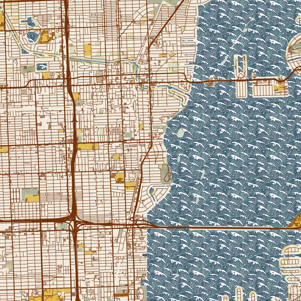 Miami - Florida Map Print in Woodblock