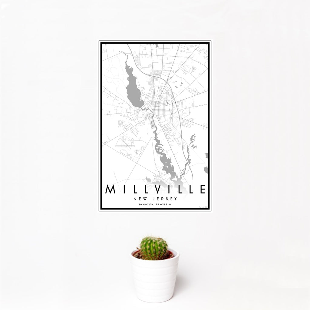 12x18 Millville New Jersey Map Print Portrait Orientation in Classic Style With Small Cactus Plant in White Planter
