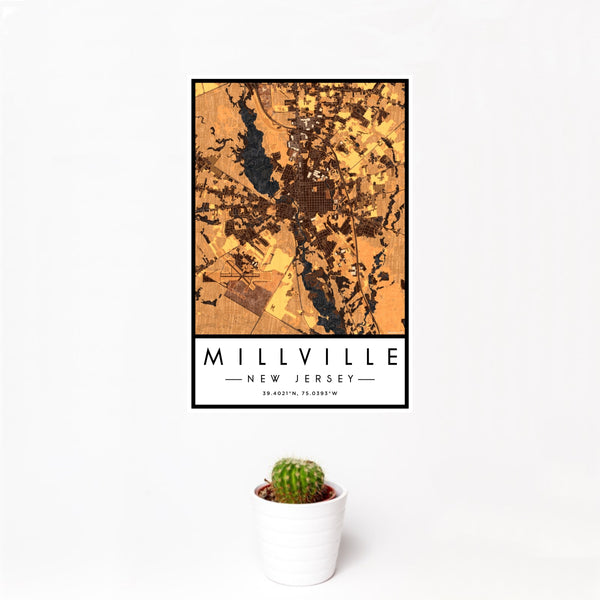 12x18 Millville New Jersey Map Print Portrait Orientation in Ember Style With Small Cactus Plant in White Planter