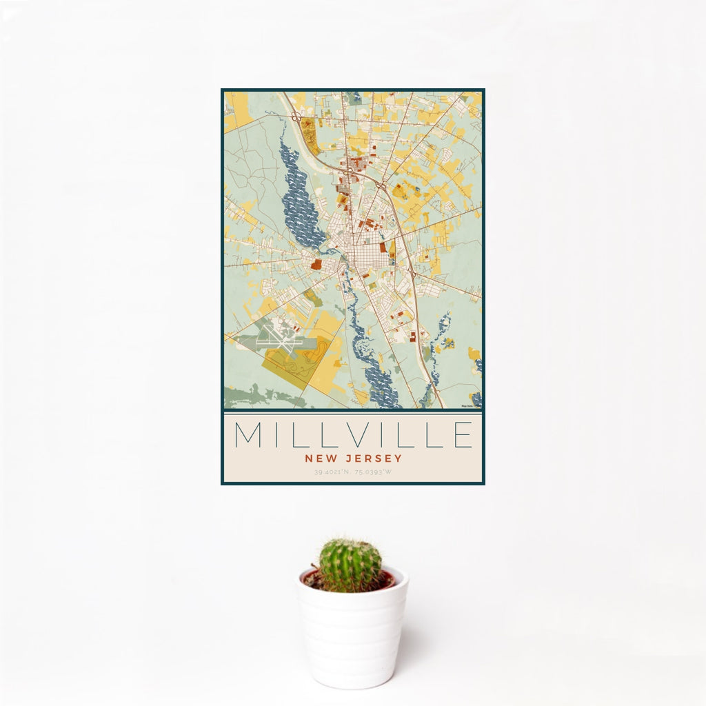 12x18 Millville New Jersey Map Print Portrait Orientation in Woodblock Style With Small Cactus Plant in White Planter